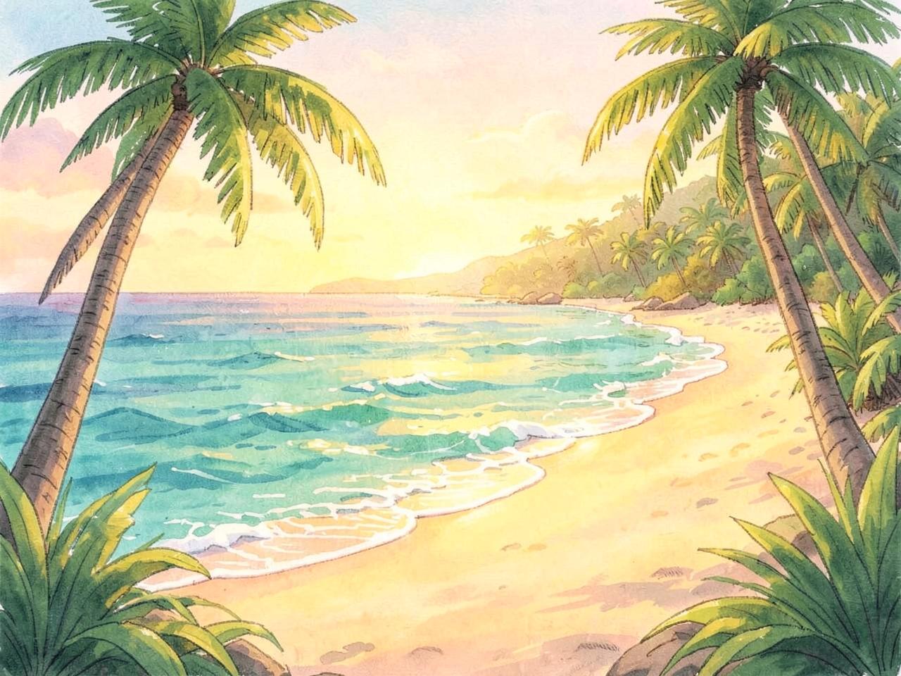 Tropical beach jigsaw puzzle scene with palm trees and turquoise water