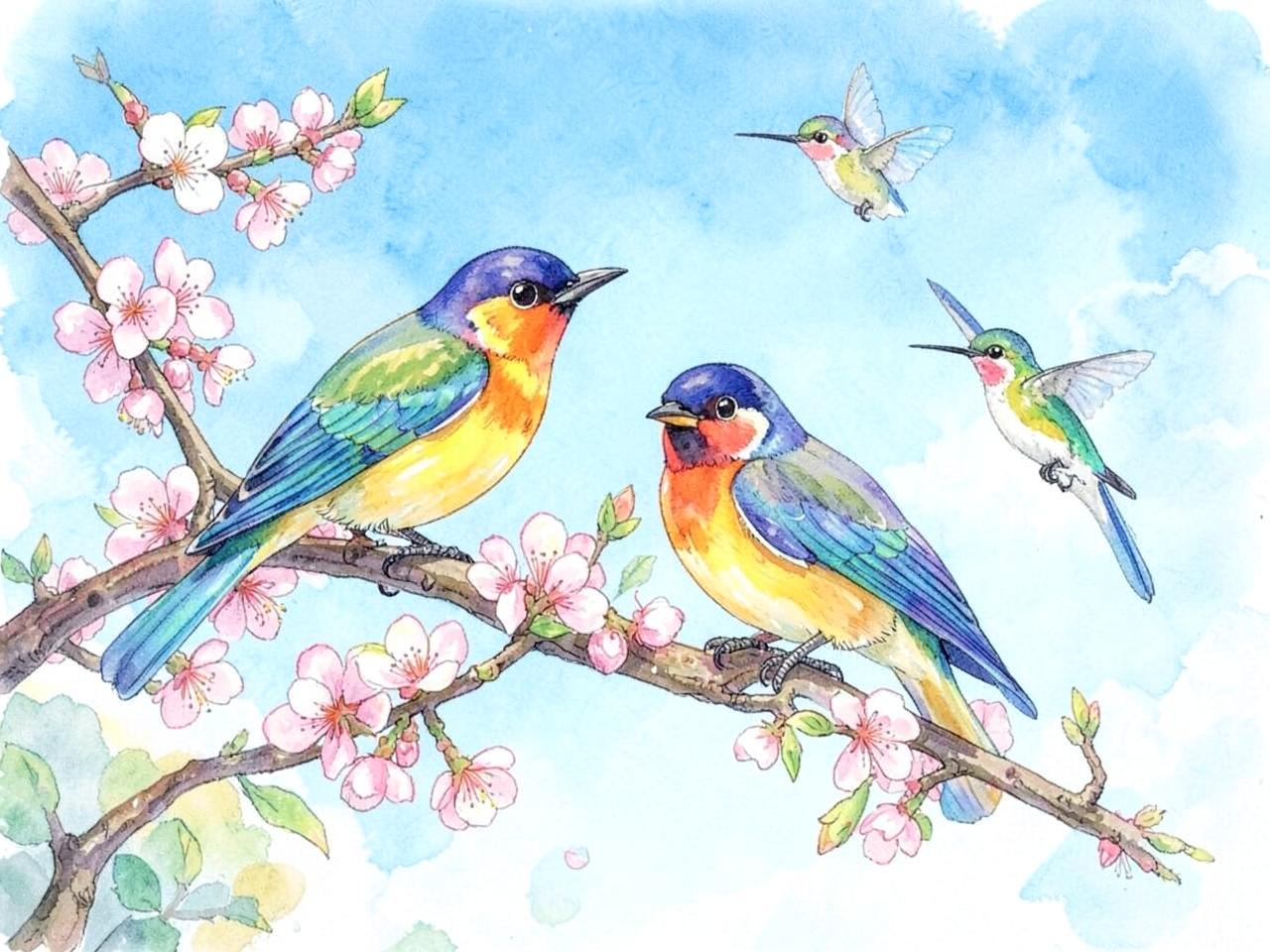 Songbirds and hummingbirds jigsaw puzzle scene on a blossoming branch