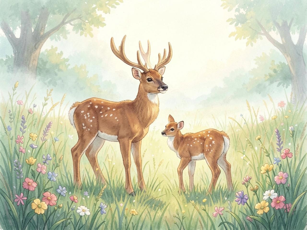 Deer and fawn jigsaw puzzle scene in a misty wildflower meadow