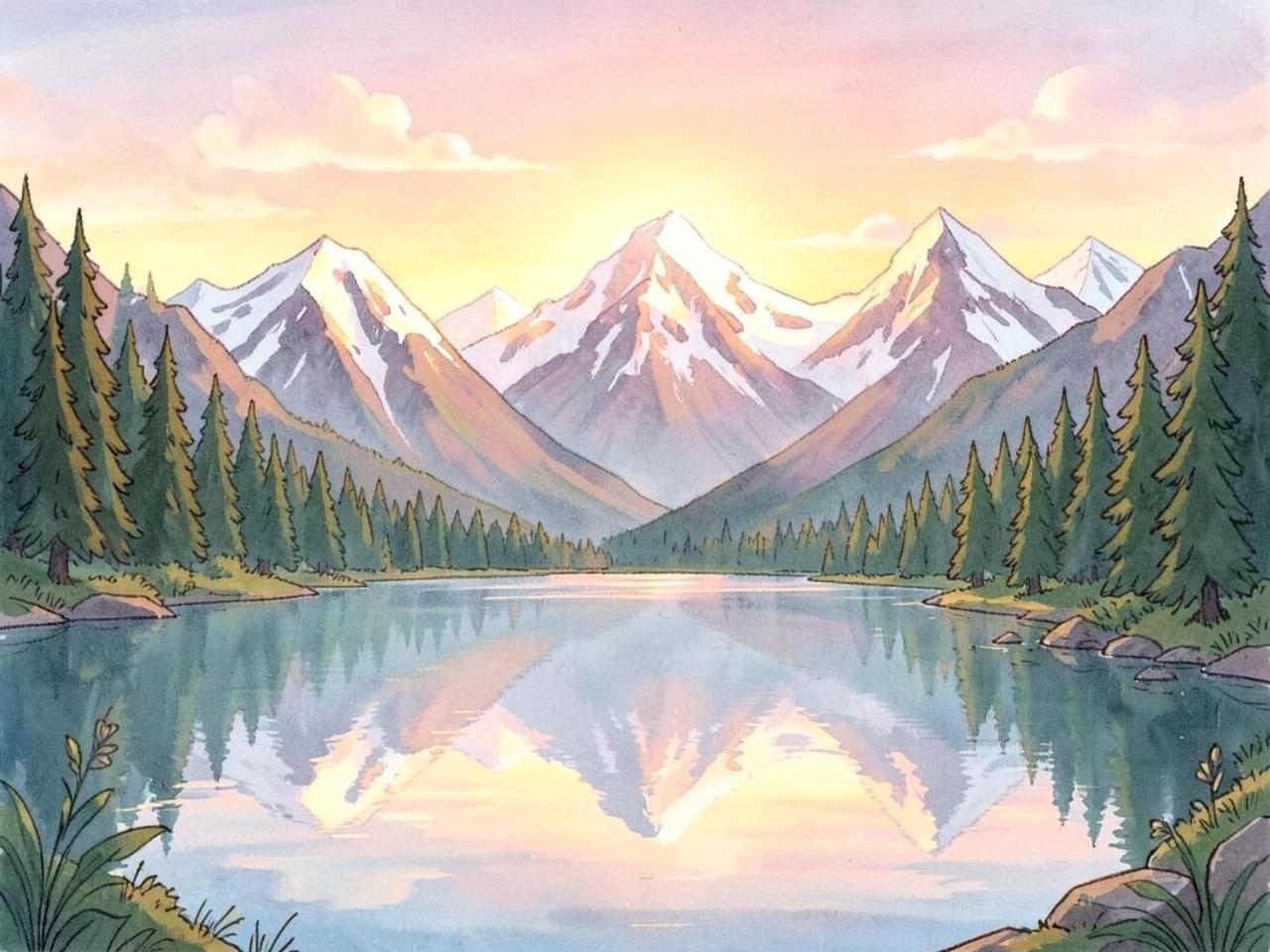 Mountain lake jigsaw puzzle scene with snowy peaks reflected in water