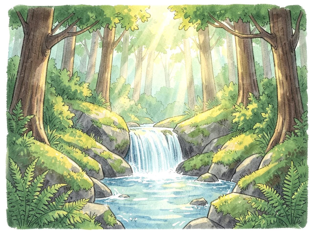 Forest waterfall jigsaw puzzle scene with mossy rocks and ferns